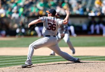 Apr 25, 2015; Oakland, CA, USA; Houston Astros relief pitcher Will Harris (36) pitches during the ninth inning against the Oakland Athletics at O.co Coliseum. Mandatory Credit: Bob Stanton-USA TODAY Sports